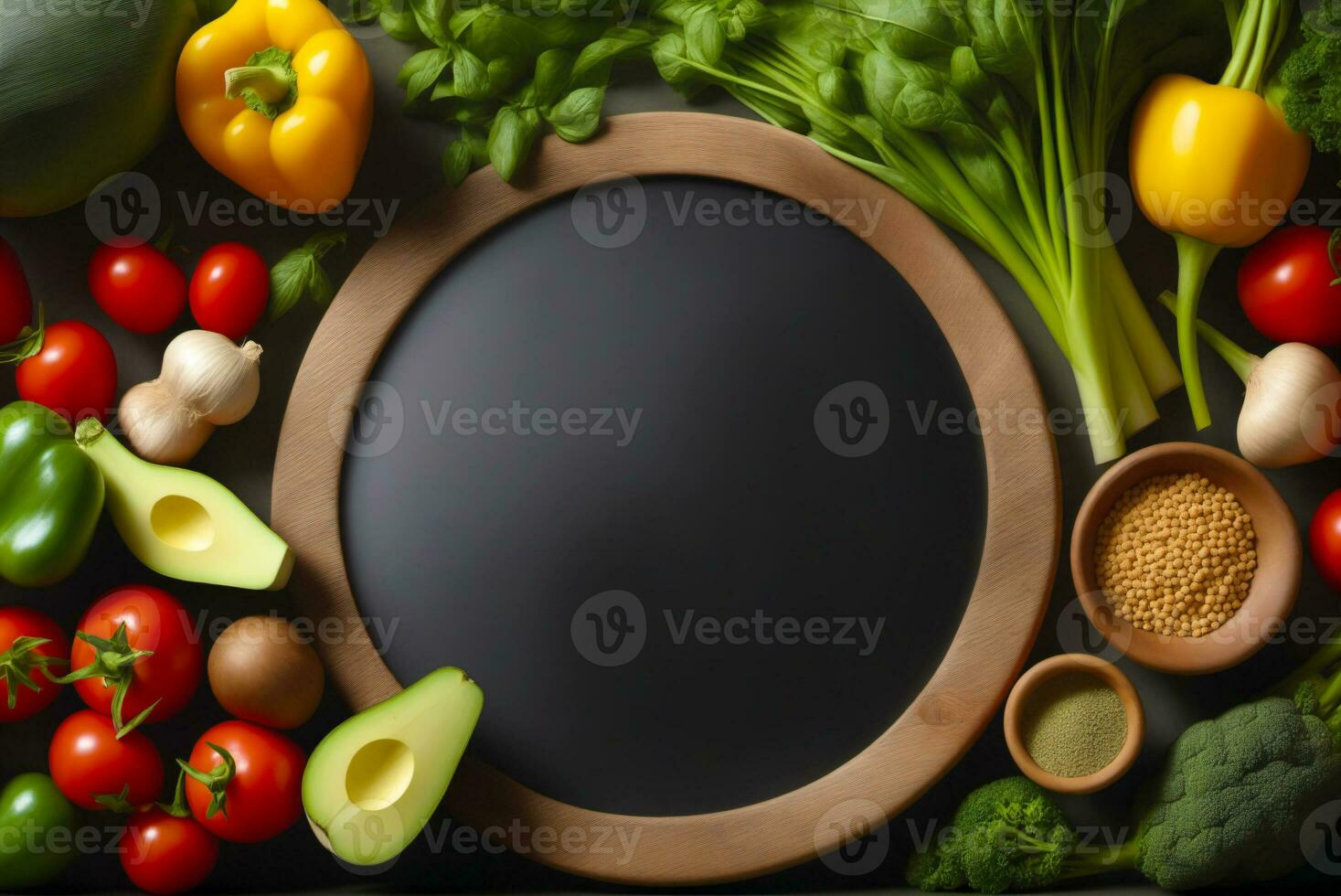 Frame made of fresh vegetables and spices on black background, top view, world vegan day, AI Generated photo