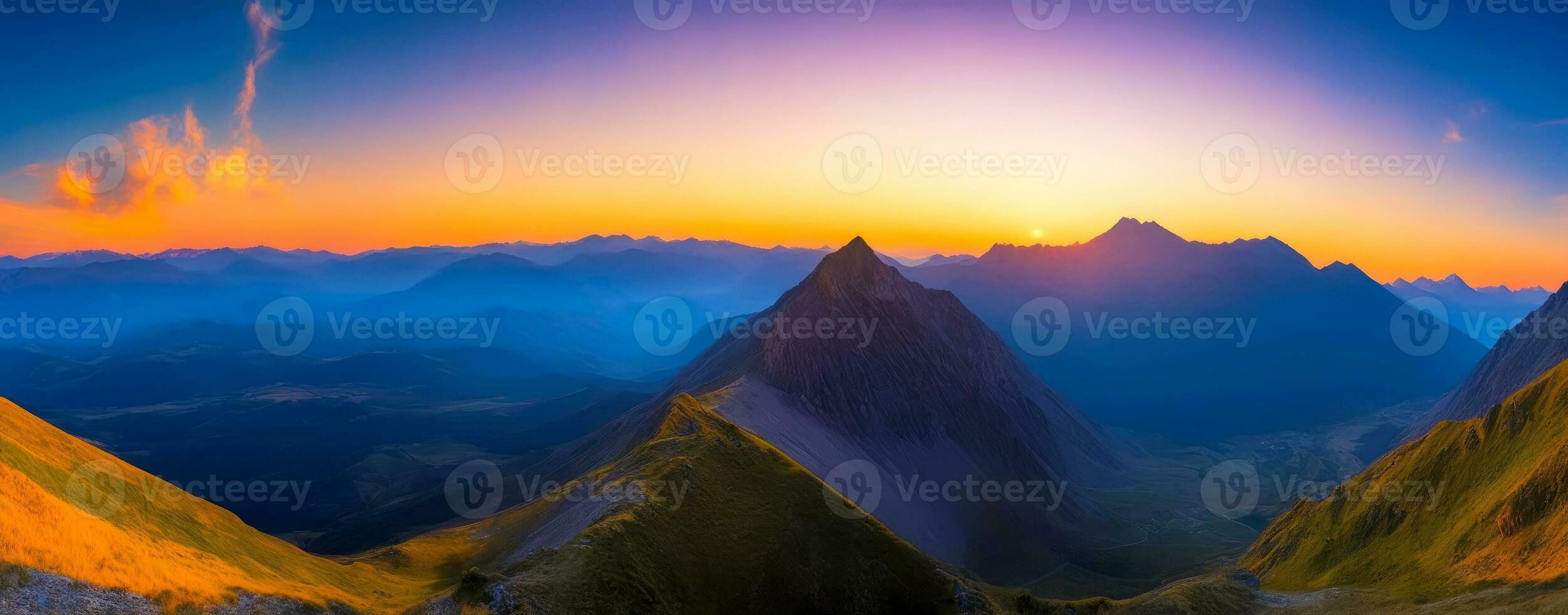 Majestic Twilight, Panoramic Mountain Landscape, AI Generated photo