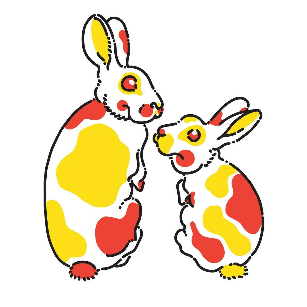 Hand Drawn Vector of Two Red and Yellow Spotted Rabbits Looking Back