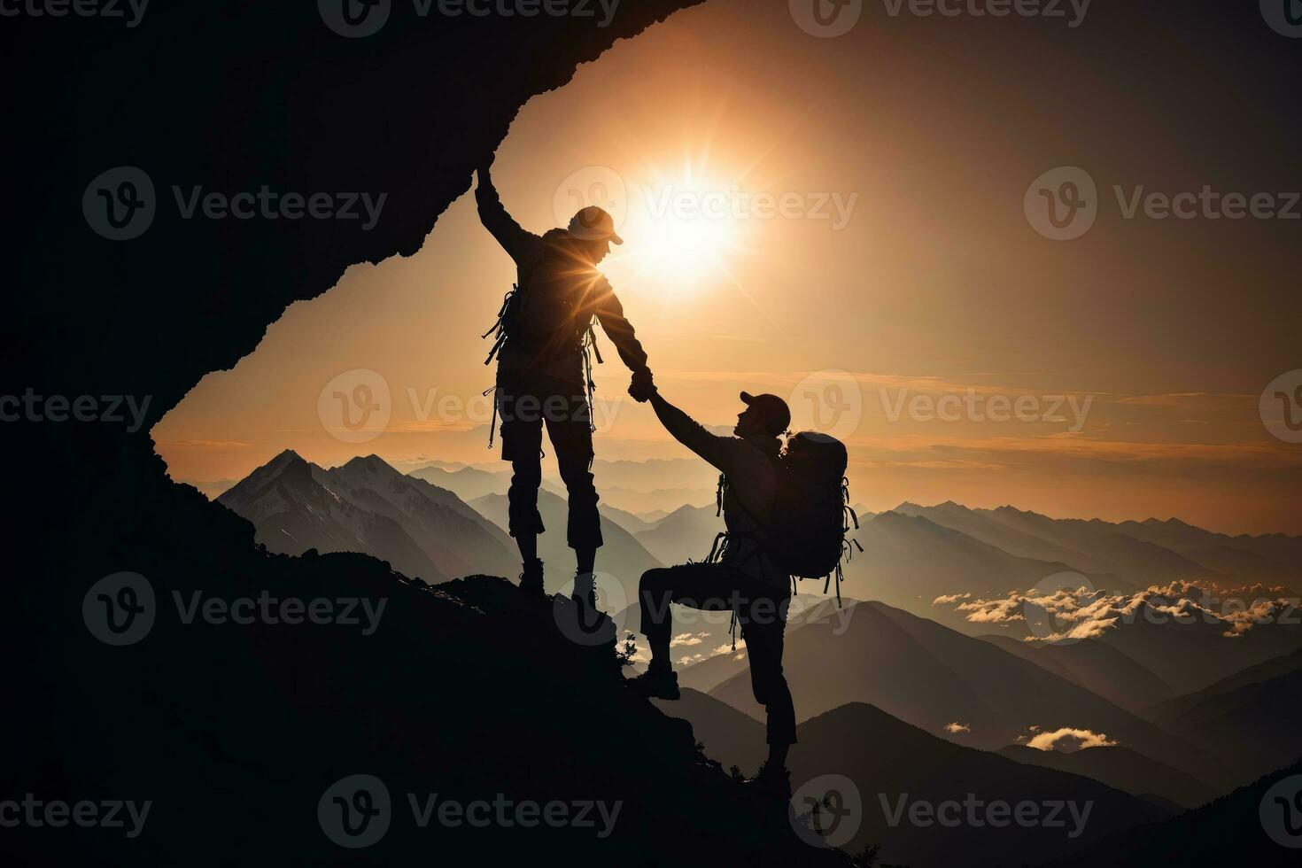 Inspiring Hiker Silhouette, Friends Conquer the Mountain Summit, AI Generated photo