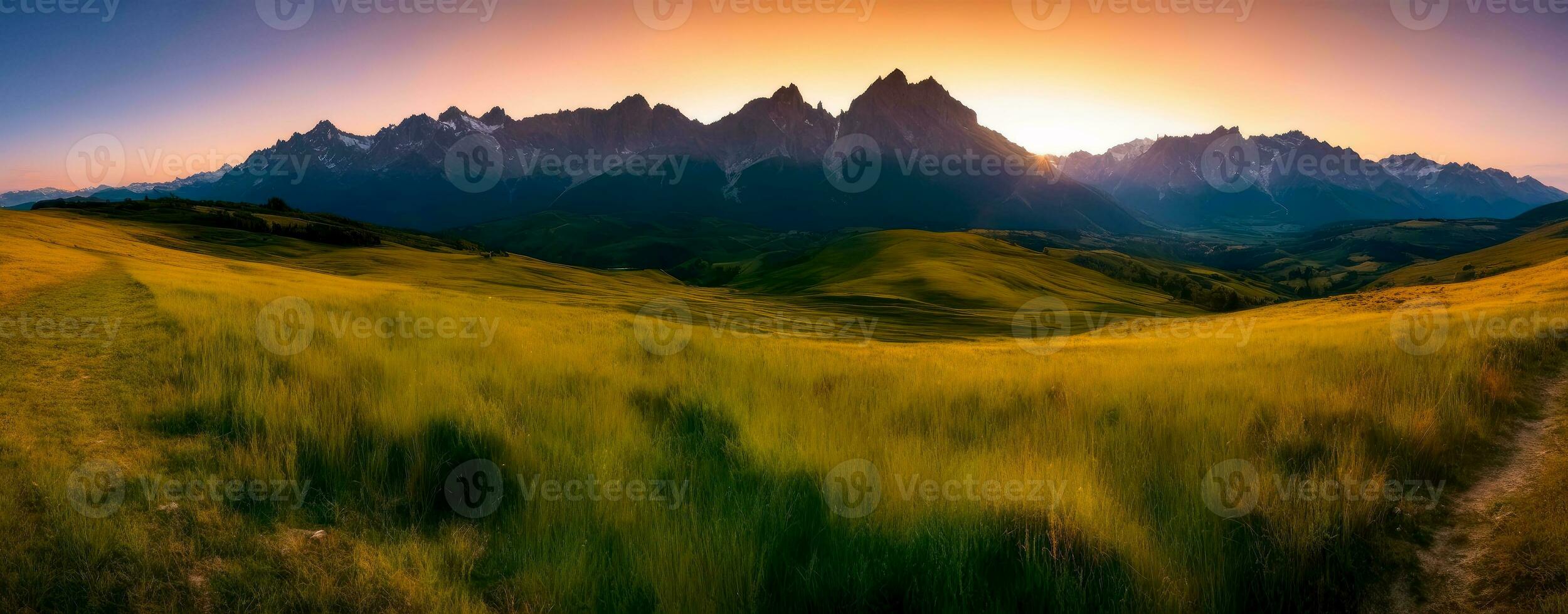 Sundown Majesty, Panoramic Mountain Landscape, AI Generated photo