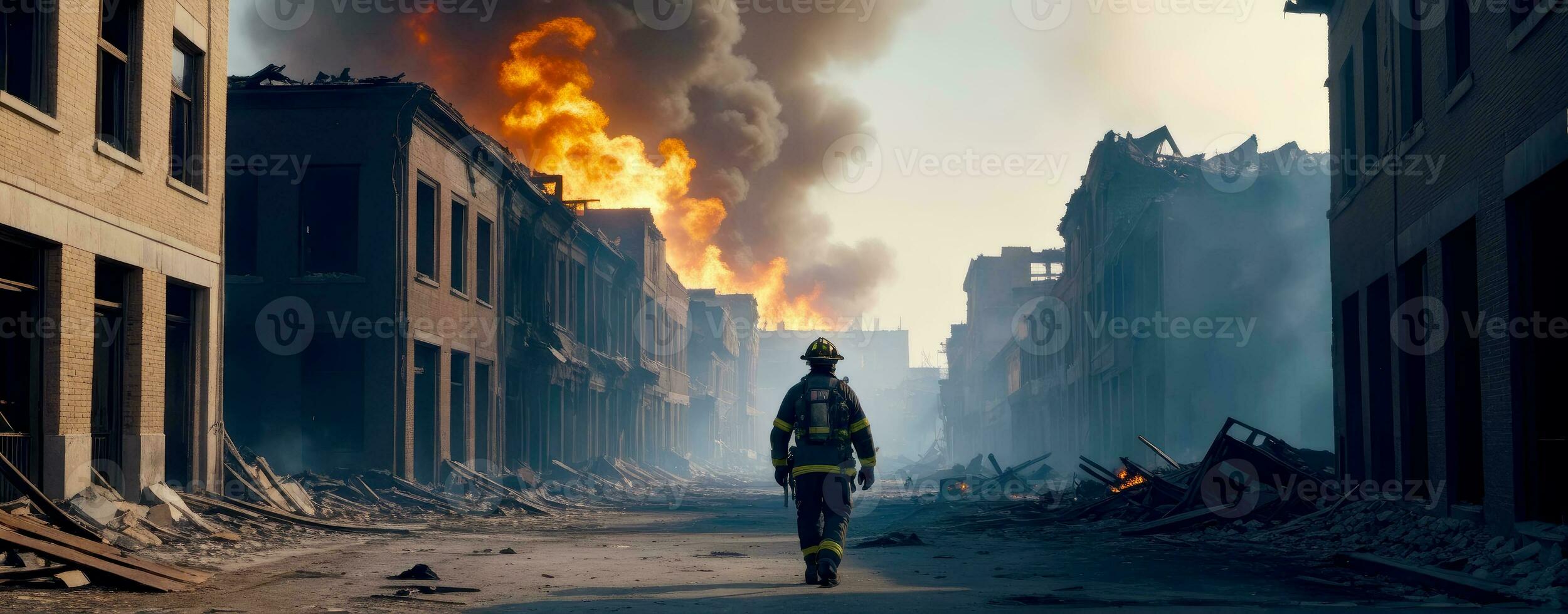 dramático urbano paisaje, bombero en restos, ai generado foto