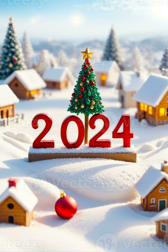 encantador miniatura escena, 2024 alegre Navidad nuevo año en invierno, ai generado foto