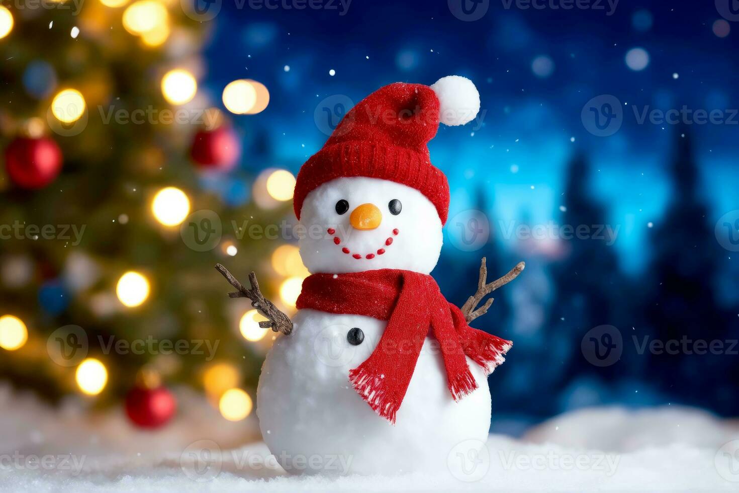 Christmas Charm, Snowman, Christmas Tree, and Sparkling Bokeh, AI Generated photo