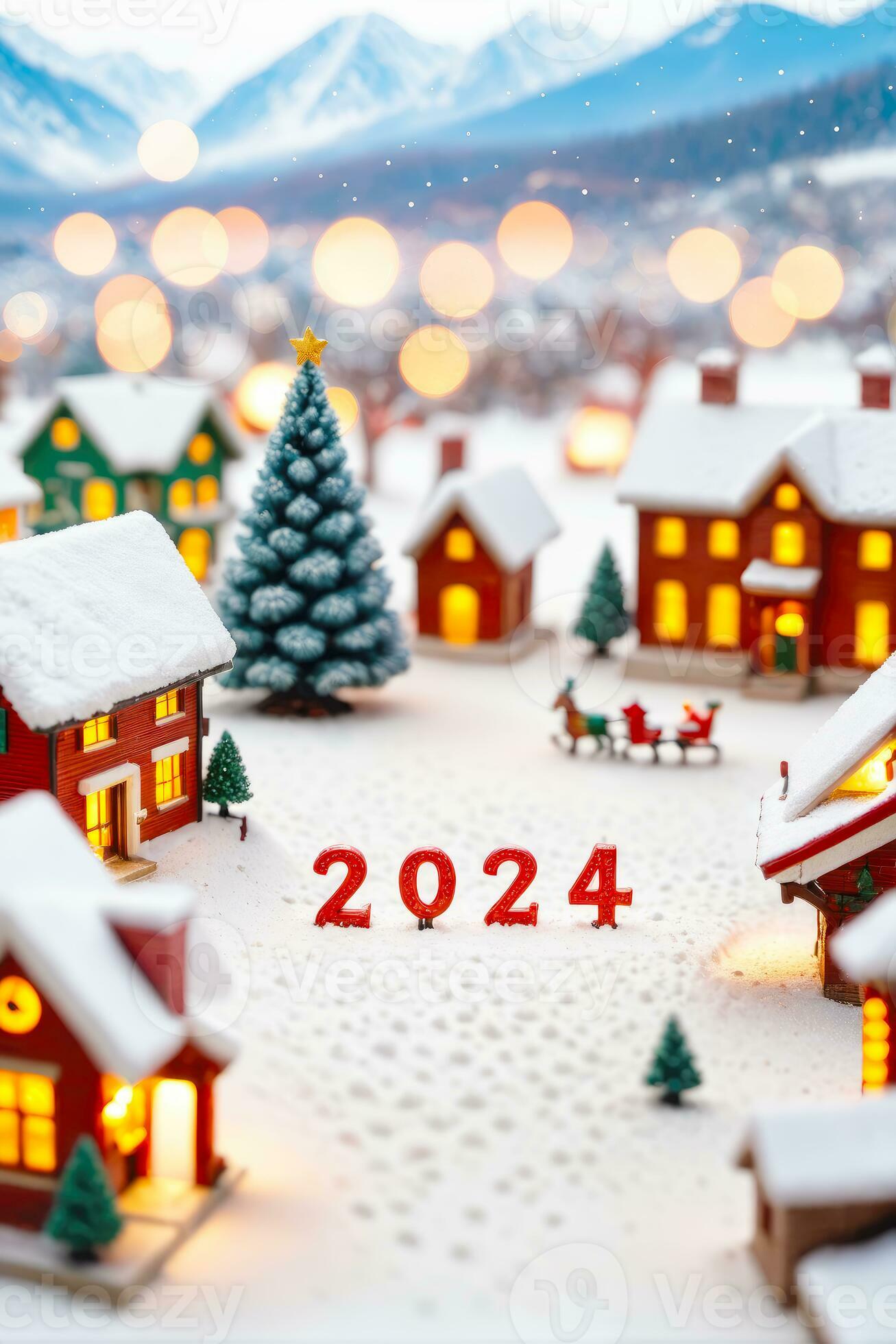 2024 Festive Miniature, Merry Christmas New Year in Snowy Setting, AI Generated 31589359 Stock 