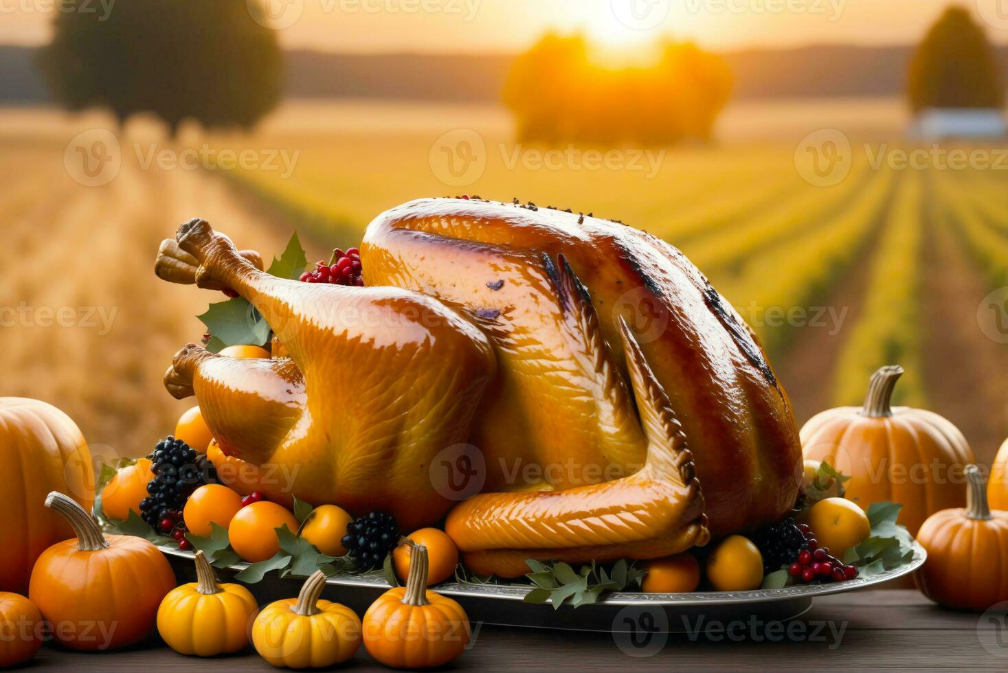 Thanksgiving day with turkey at rural farm, sunset, AI Generated photo