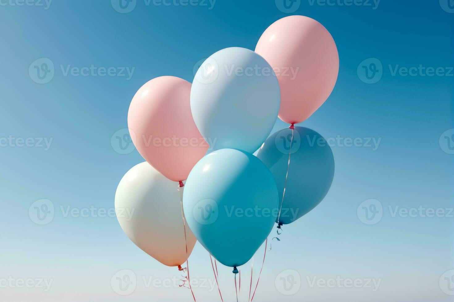 Pastel Balloons Ascending in Minimalist Bliss Against a Blue Sky, AI Generated photo