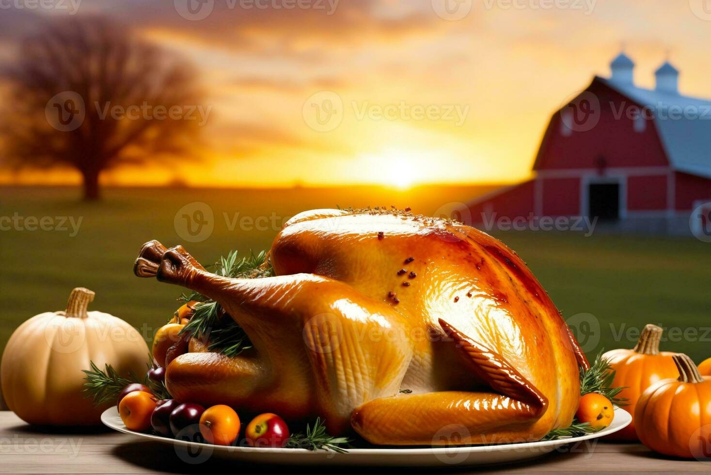 Thanksgiving day with turkey at rural farm, sunset, AI Generated photo
