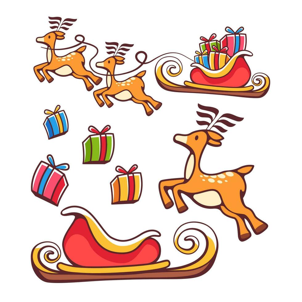 Set of Christmas gifts, reindeer and sleigh in cartoon cute style. vector