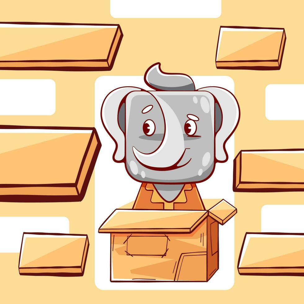 Vector cute elephant with a box in cartoon style.