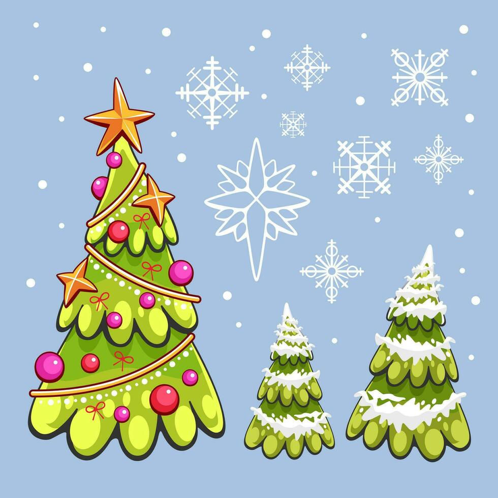 Vector Christmas trees and snowflakes in flat style.