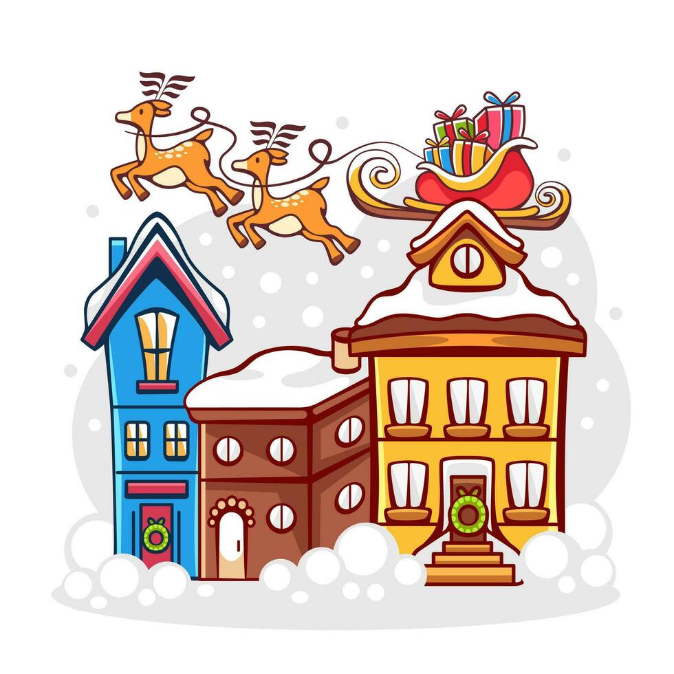 Vector composition on the theme of winter and Christmas with deers, sleighs and snow-covered houses in a cartoon style.