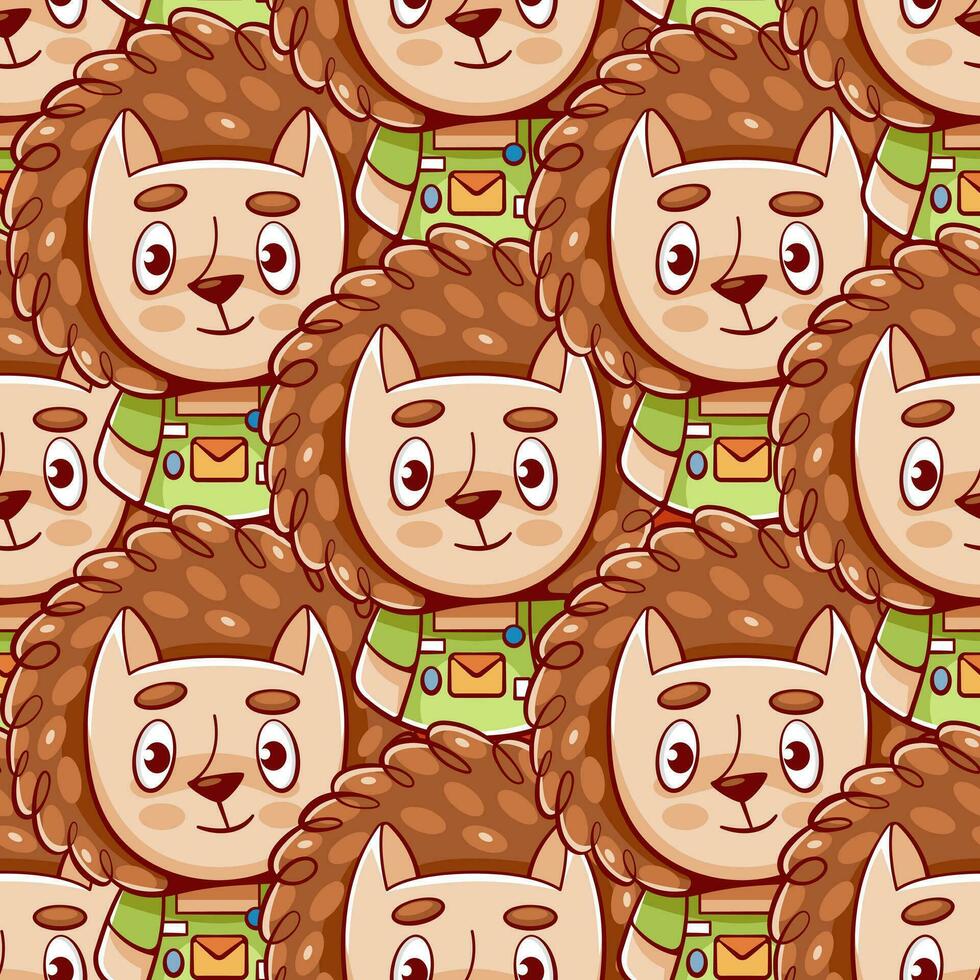 Vector pattern with cute animal hedgehog in cartoon doodle style.