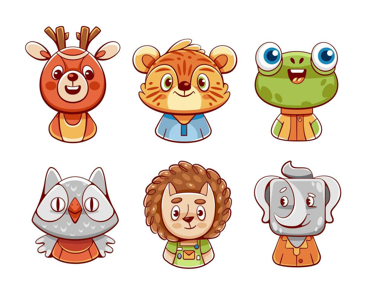 Set of vector cute animals deer, owl, frog, tiger, elephant and hedgehog in cartoon style.