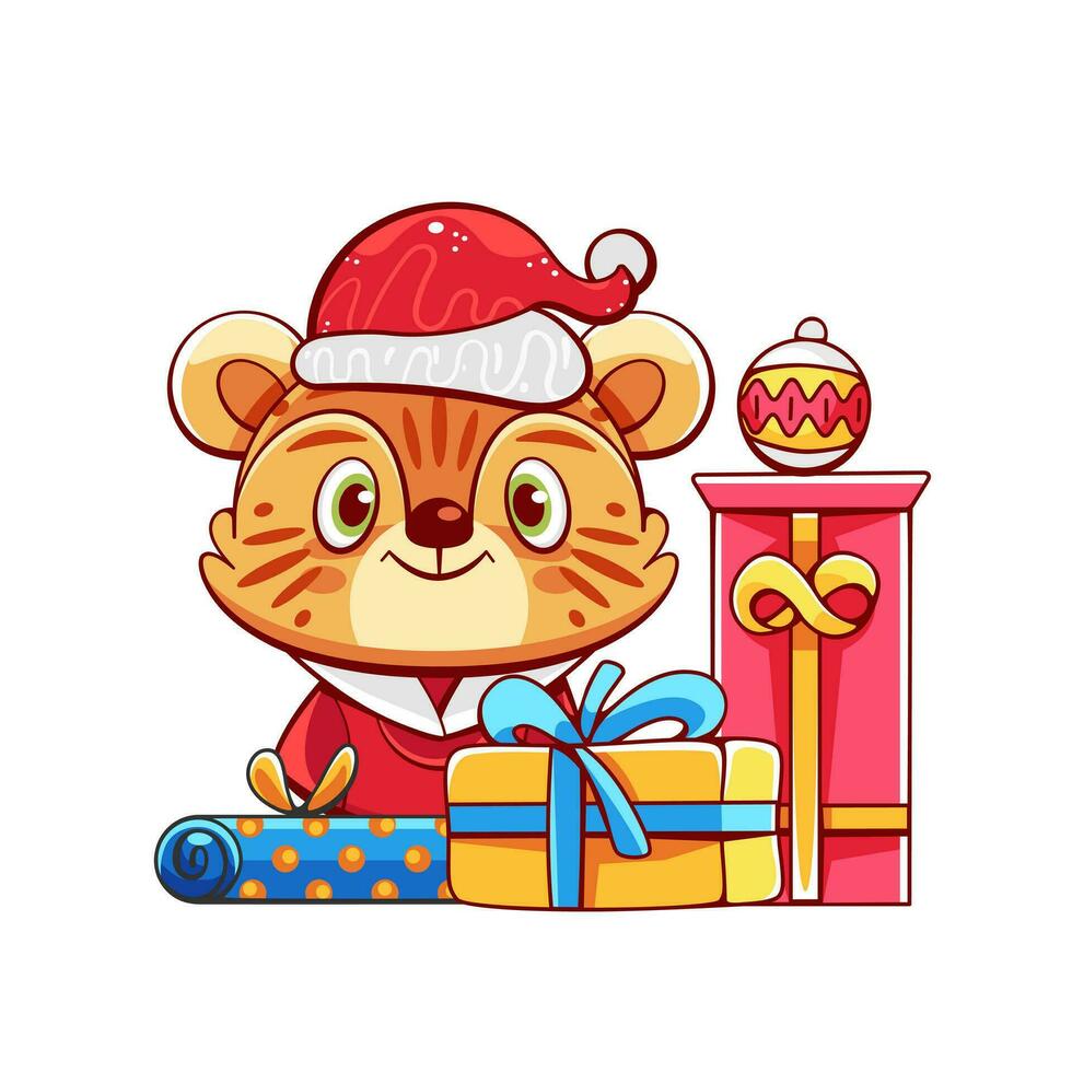 Vector composition on the theme of winter and Christmas with a cute tiger in a Santa suit, gifts and Christmas tree toys in a cartoon style.