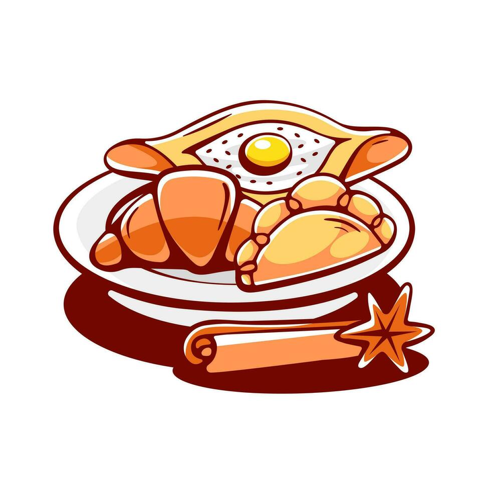 Vector composition of baked goods in cartoon cute style, croissant, pie, khachapuri, cinnamon, cardamom.