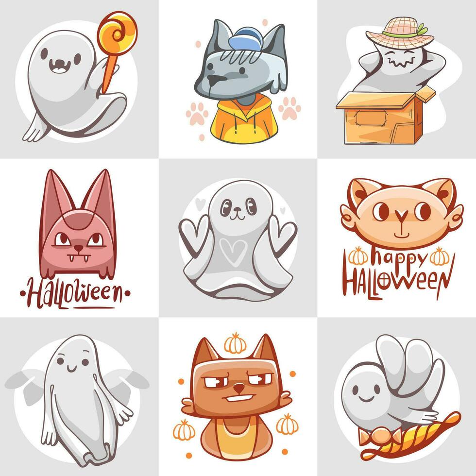 A set of vector stickers with animals and ghosts on the Halloween theme in a cartoon style.