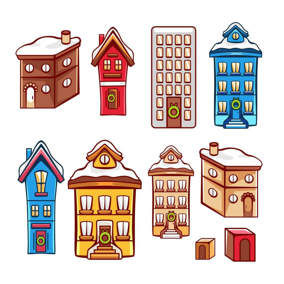 conjunto de Navidad casas y edificios en dibujos animados linda estilo. vector