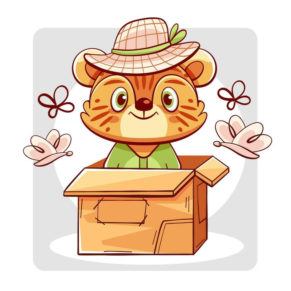 Vector cute tiger in a box and butterflies in cartoon style.