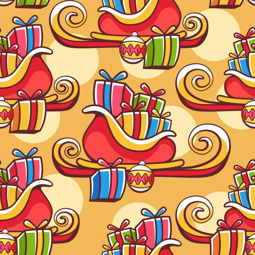 Vector pattern on the theme of winter and Christmas with sleigh and gifts in a cute cartoon style.