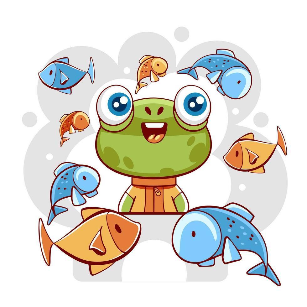 Vector cute frog and fish in cartoon style.