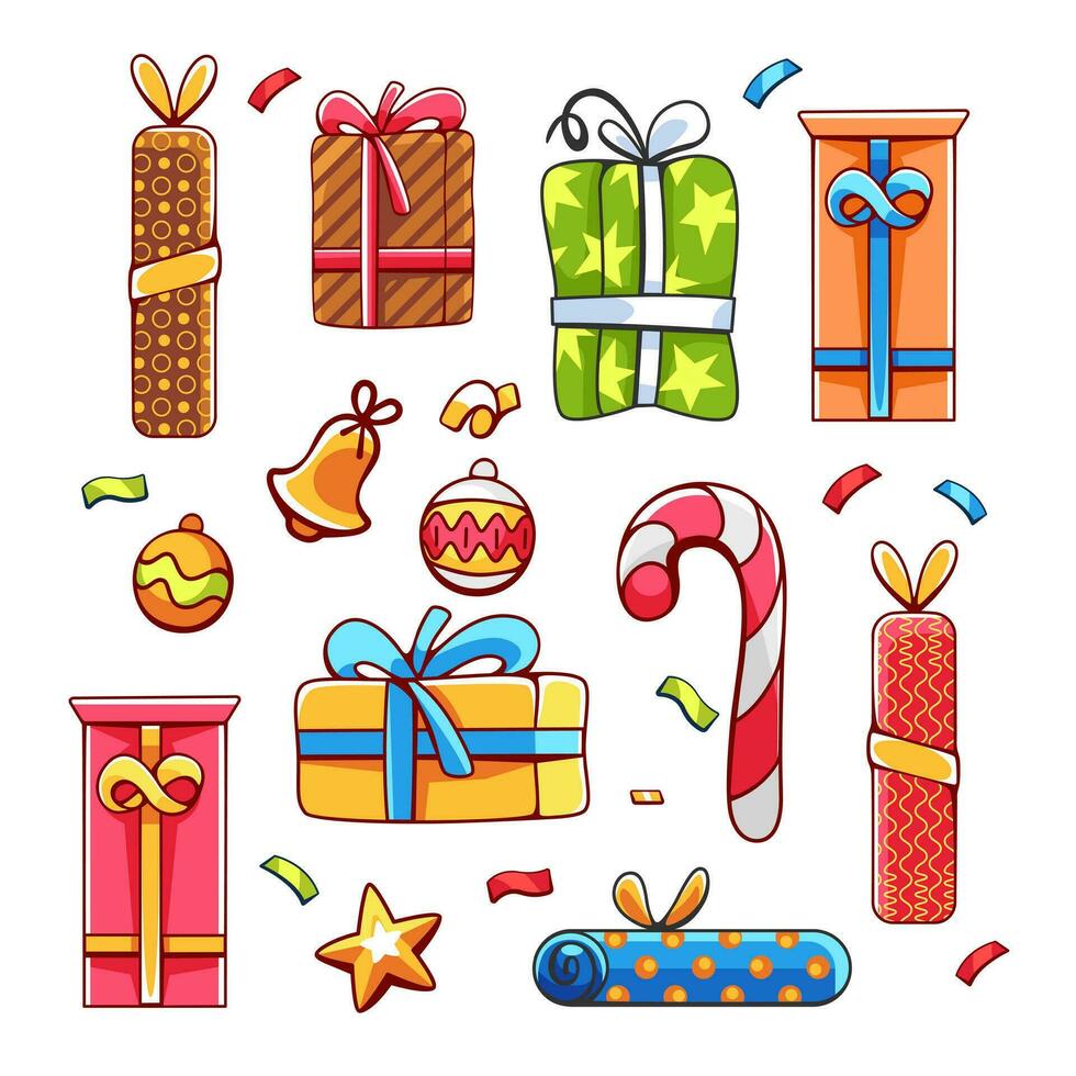 conjunto de Navidad regalos y Navidad árbol decoraciones en dibujos animados linda estilo. vector