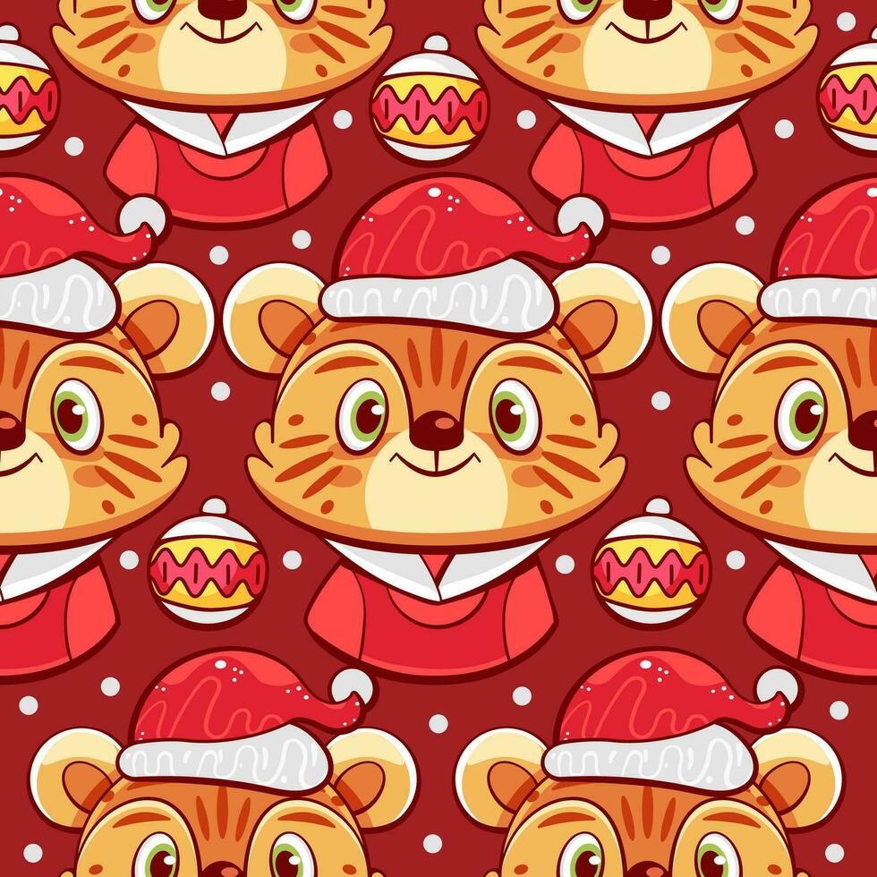 Vector pattern with a tiger in a Santa suit and Christmas tree toys in a cute cartoon style.