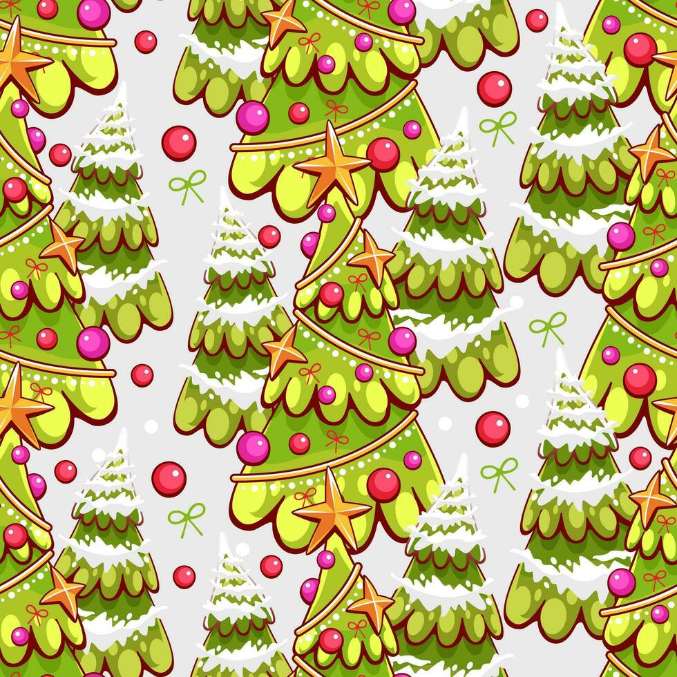 Vector pattern on the theme of winter and Christmas with Christmas trees in a cute cartoon style.