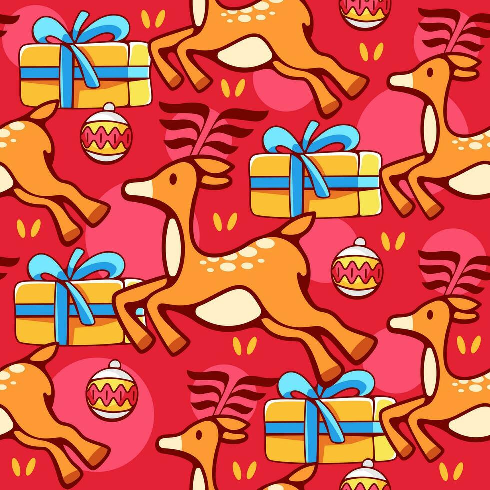 Vector pattern on the theme of winter and Christmas with Christmas tree toys, deer and gifts in a cute cartoon style.