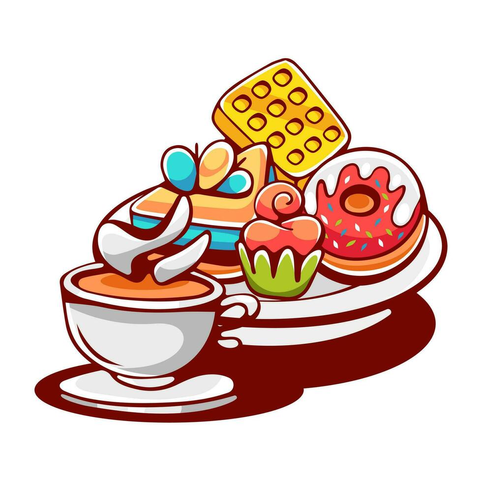 Vector set of sweets and coffee in cartoon style, waffles, donut, pastry, cake.
