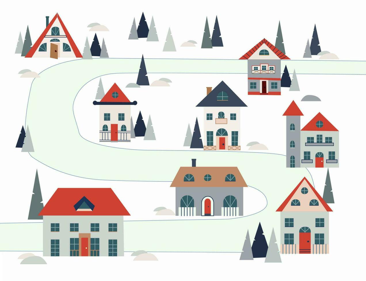 Houses city map. Winter streets scheme, tiny funny buildings with road, trees and snowdrifts, childish doodle abstract vector cartoon