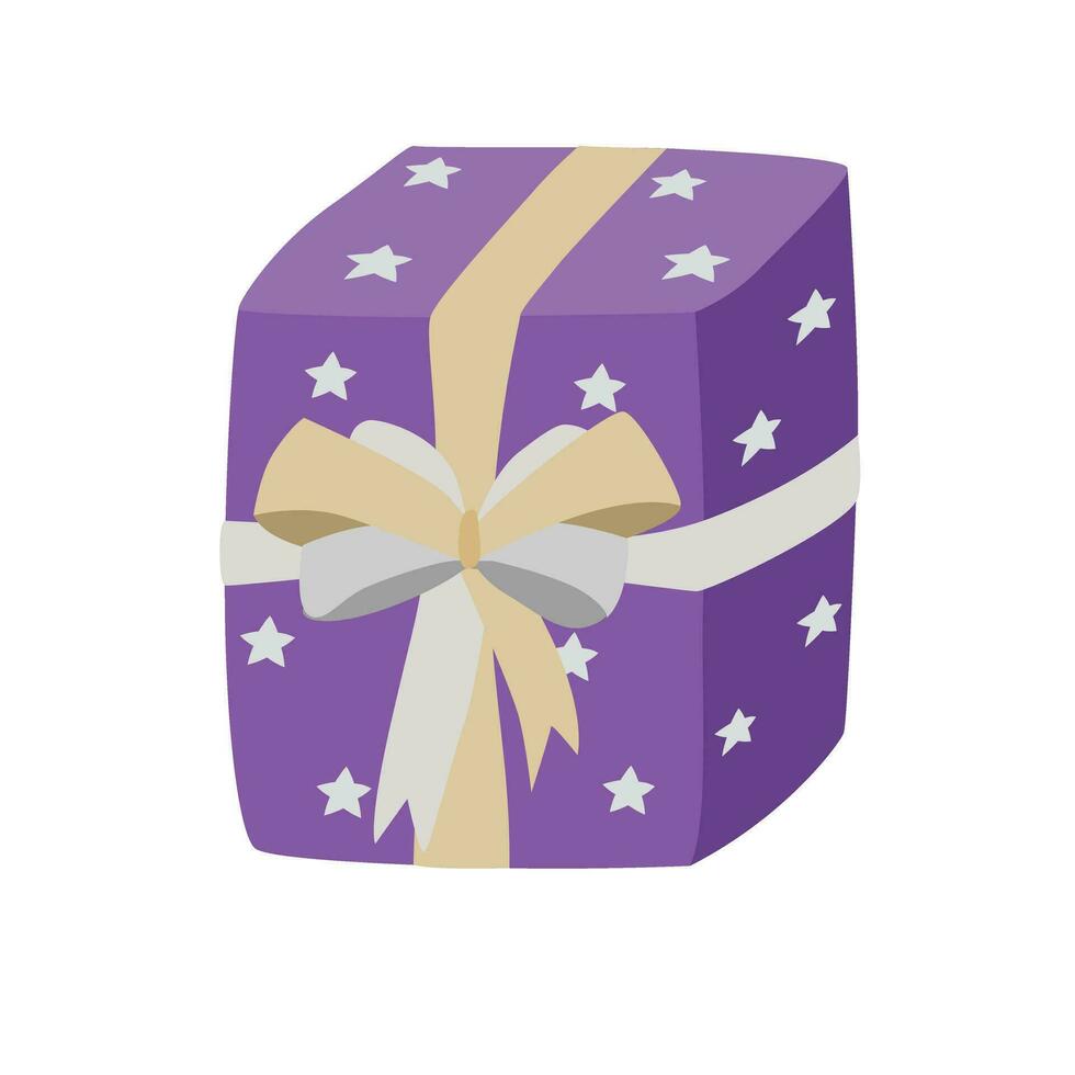 Gift box cartoon vector. Present box cartoon vector. Gift box wrapped in purple paper with yellow and white ribbon. Flat vector in cartoon style isolated on white background.