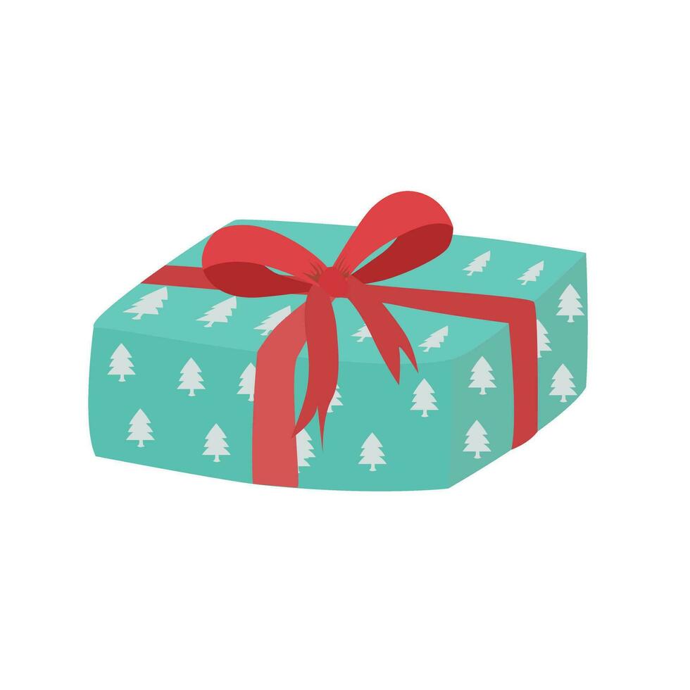 Gift box cartoon vector. Present box cartoon vector. Gift box wrapped in green paper with red ribbon. Flat vector in cartoon style isolated on white background.