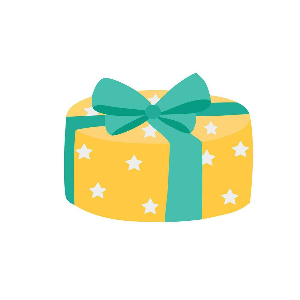 Gift box cartoon vector. Present box cartoon vector. Gift box wrapped in yellow paper with green ribbon. Flat vector in cartoon style isolated on white background.