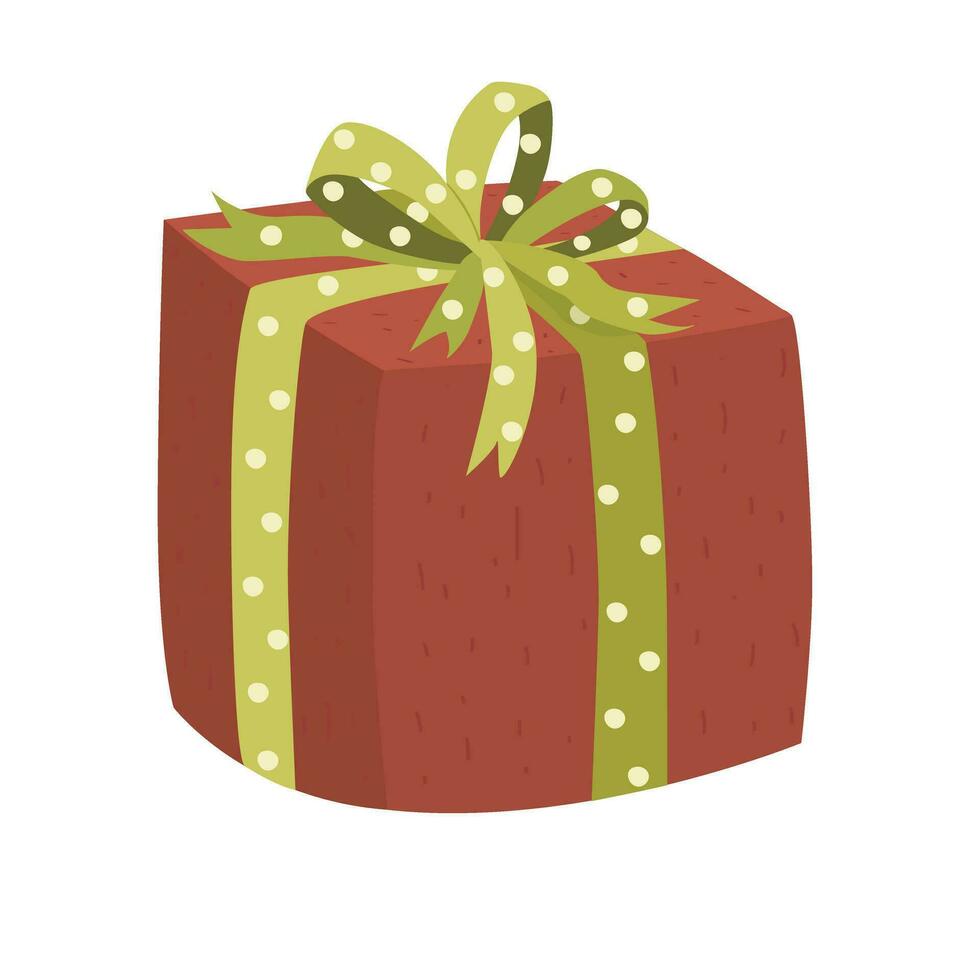 Gift box cartoon vector. Present box cartoon vector. Gift box wrapped in red paper with green ribbon. Flat vector in cartoon style isolated on white background.