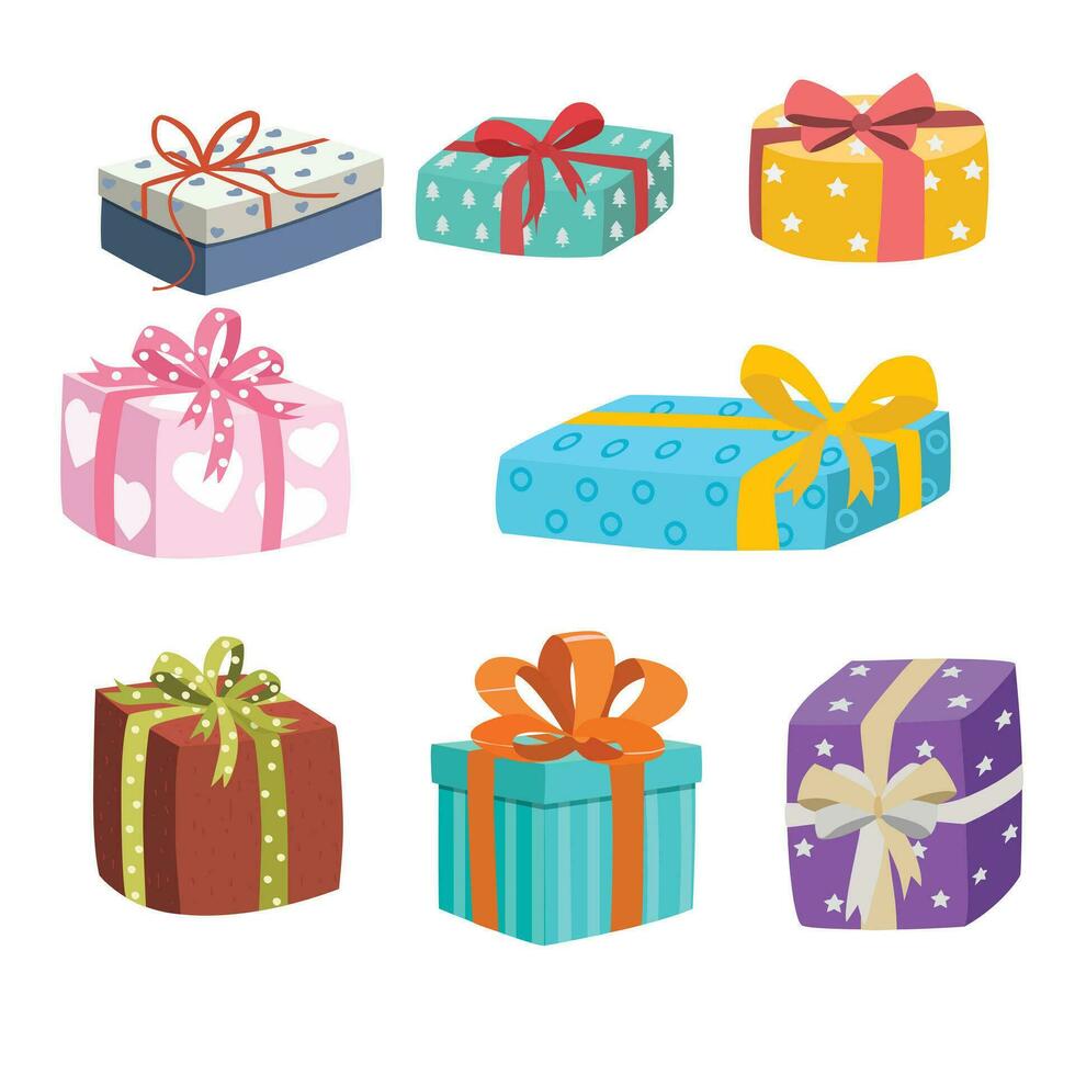 Gift box cartoon vector set. Present box cartoon vector set. Gift box wrapped in different colors of paper and ribbon. Flat vector in cartoon style isolated on white background.