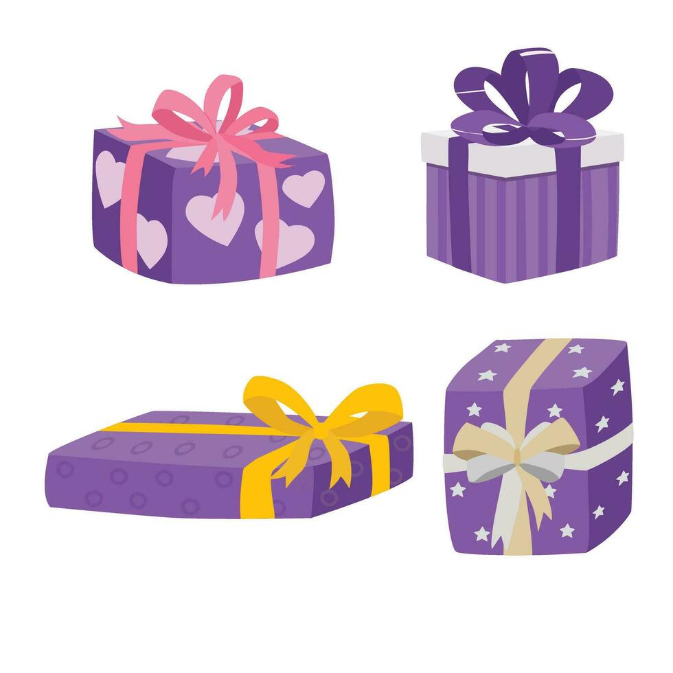Gift box cartoon vector set. Present box cartoon vector set. Gift box wrapped in purple paper with ribbon in different patterns and styles. Flat vector in cartoon style isolated on white background.