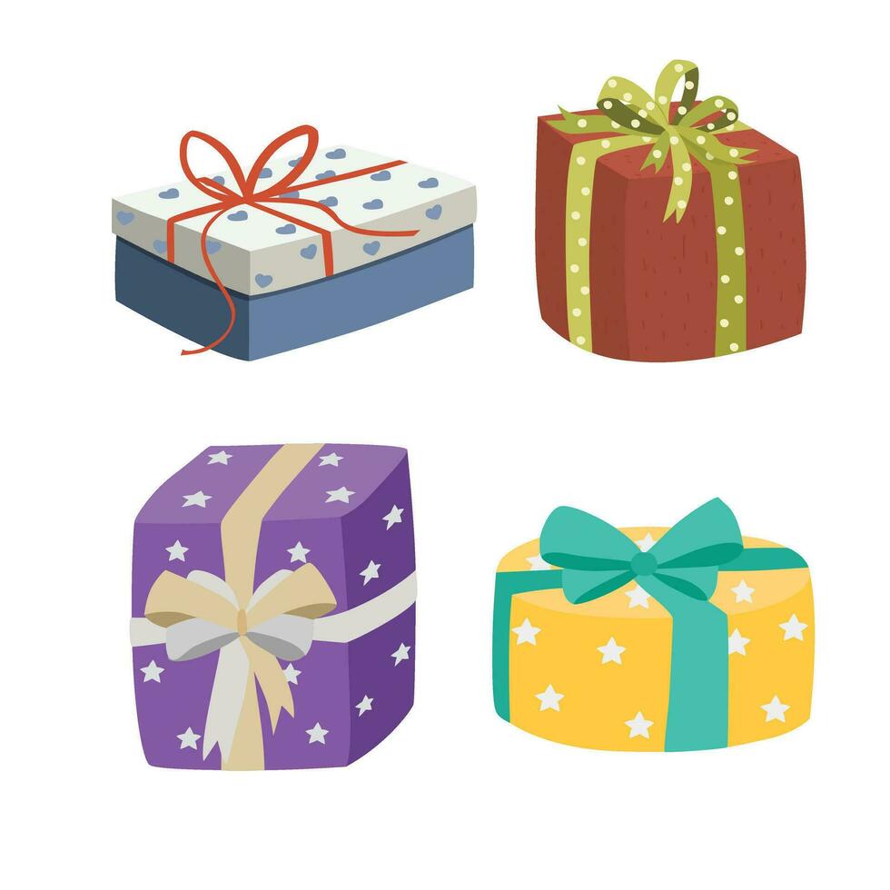Gift box cartoon vector set. Present box cartoon vector set. Gift box wrapped in different colors of paper and ribbon. Flat vector in cartoon style isolated on white background.