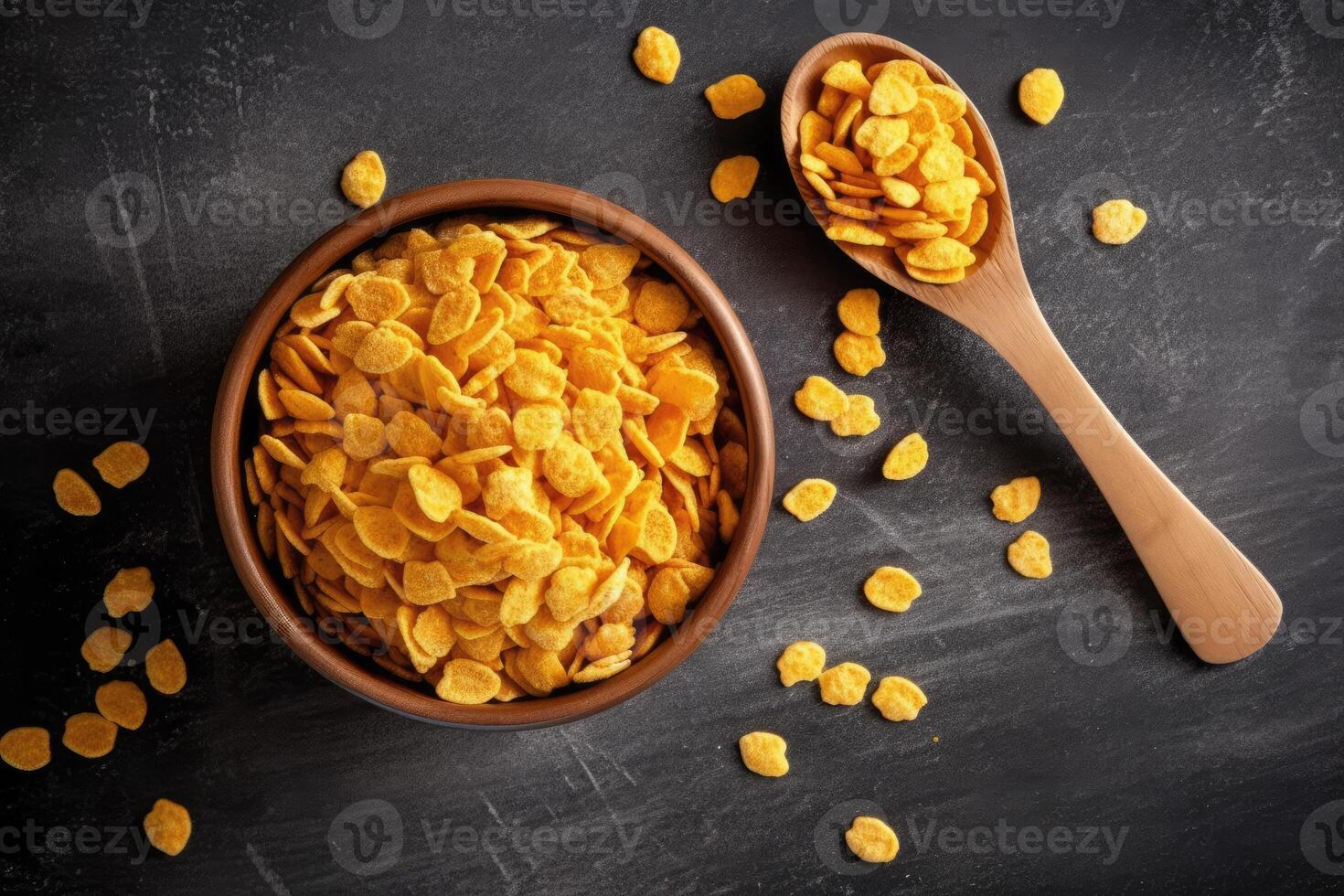 corn flakes in a bowl and spoon on a black background AI Generated photo