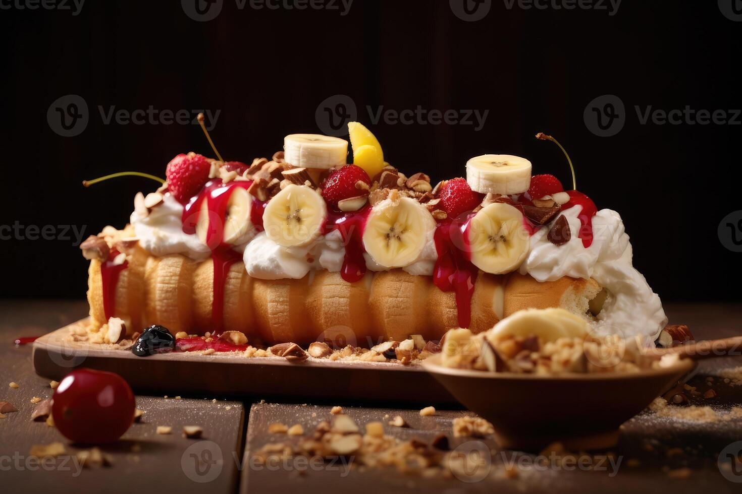 banana split with chocolate sauce and cherries AI Generated photo