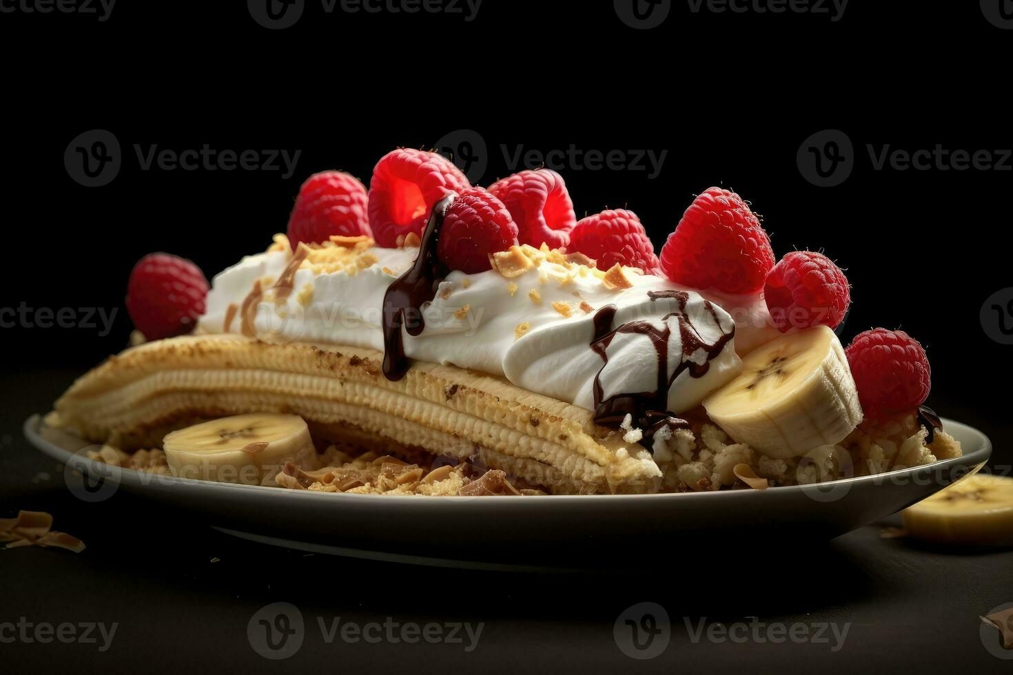 banana split with chocolate sauce and cherries AI Generated photo