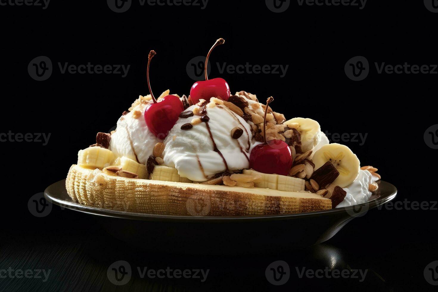 banana split with chocolate sauce and cherries AI Generated photo