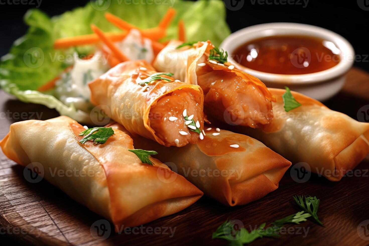 chicken spring rolls with vegetables and sauce photo