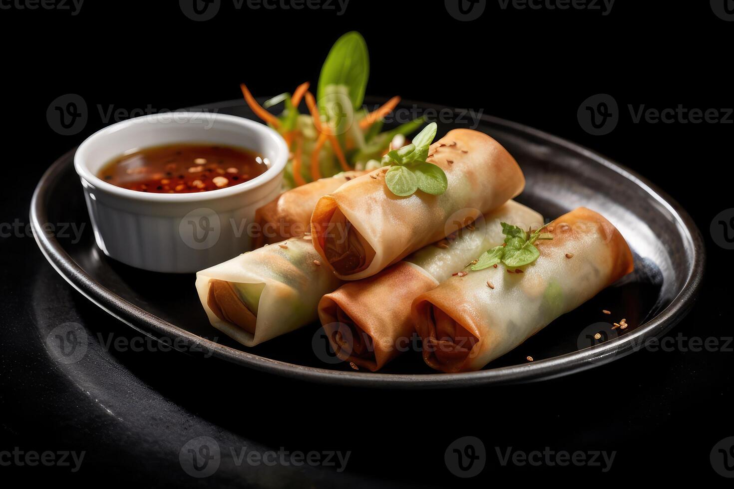 chicken spring rolls with vegetables and sauce photo