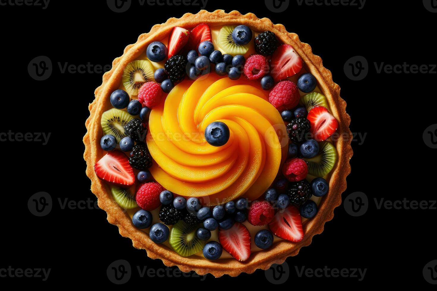 un Fruta tarta con un vistoso remolino en parte superior foto