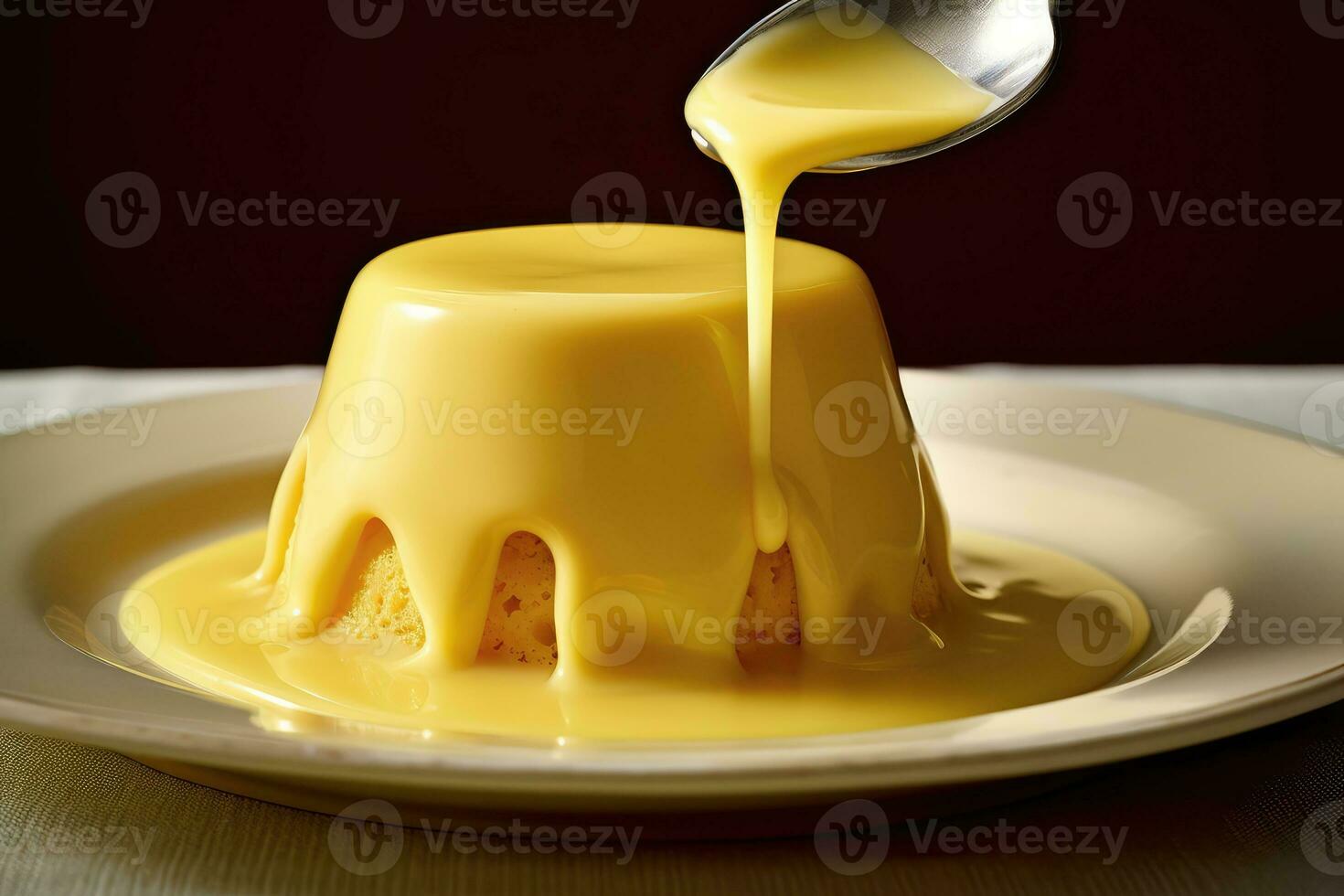 a spoon being poured into a pudding photo
