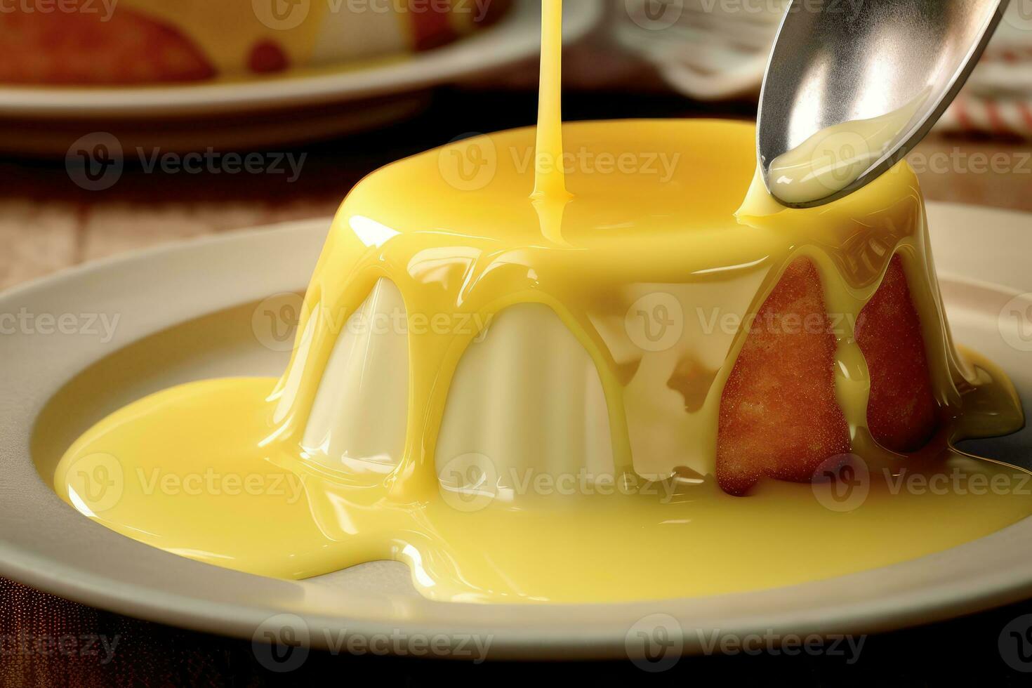 a spoon being poured with yellow liquid over a dessert photo