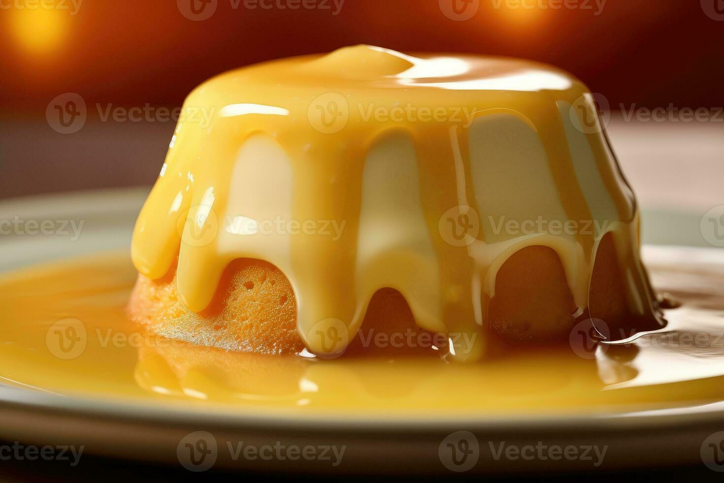 a dessert with a yellow sauce on top photo