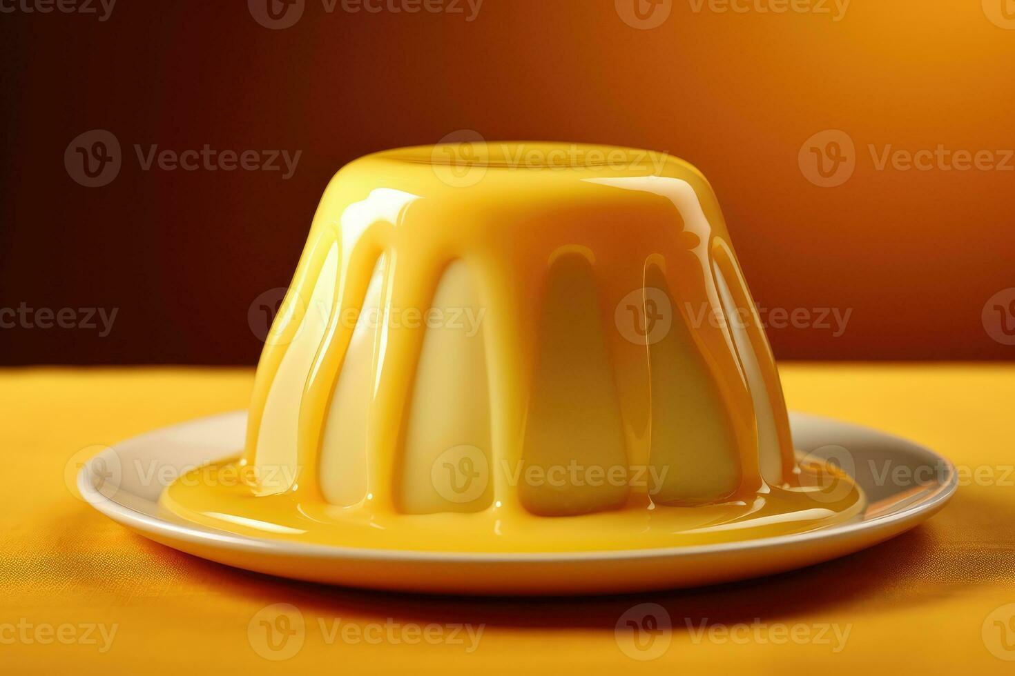 a pudding with yellow sauce on a plate photo