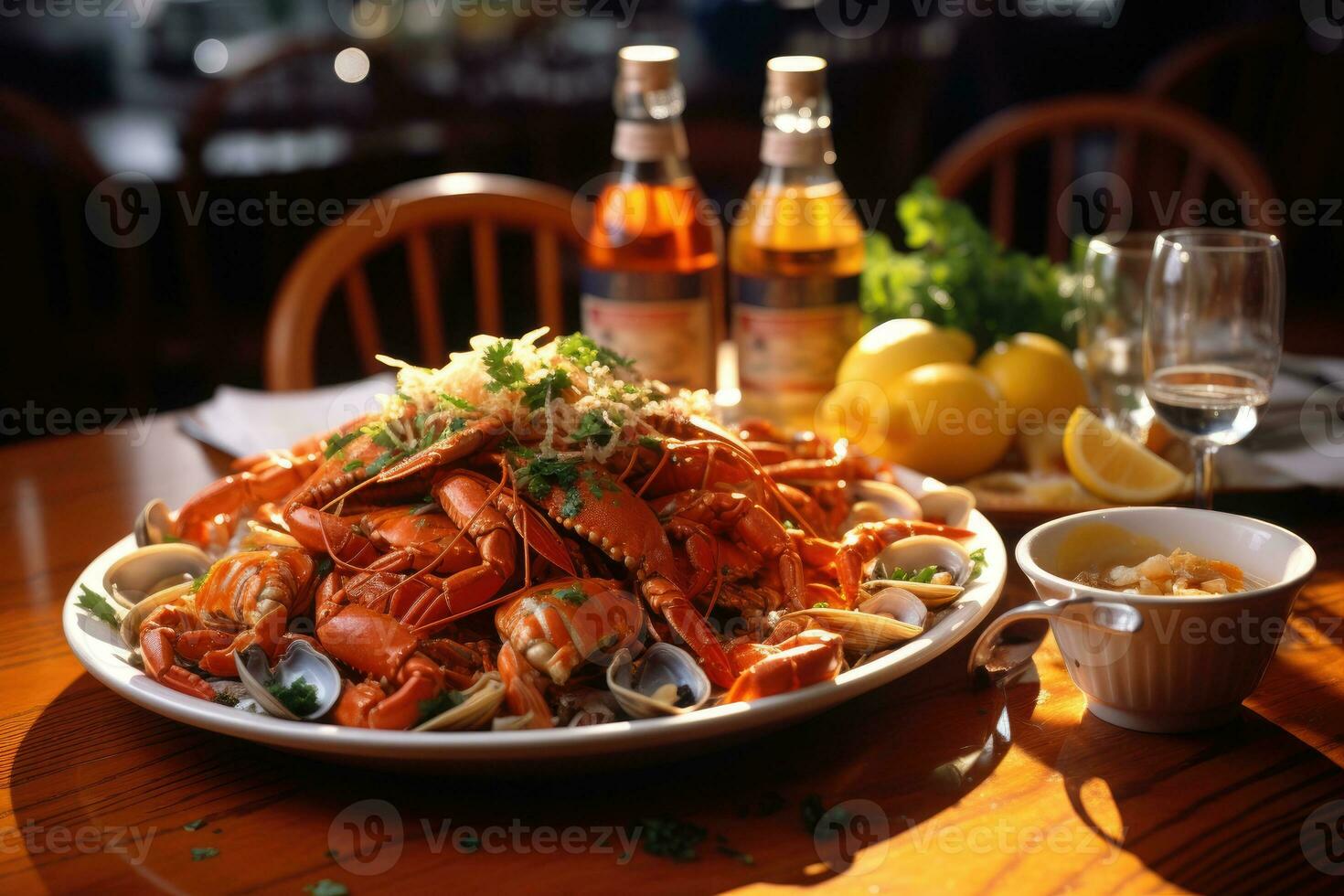 restaurant table with seafood menu advertising food photography photo